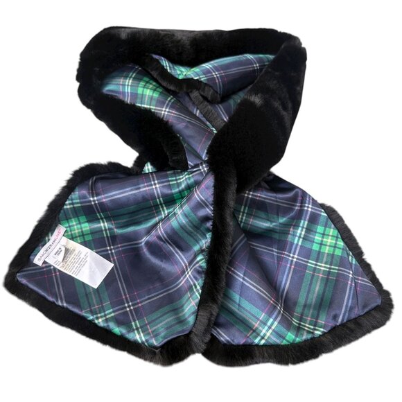 ISAAC MIZRAHI Live Black Faux Fur Scarf Plaid Satin Lining Evening Luxury NWOT - Picture 2 of 7